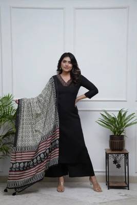 Women's  Parmpara Embroidery Work Straight Kurta Palazzo and Dupatta Set 1