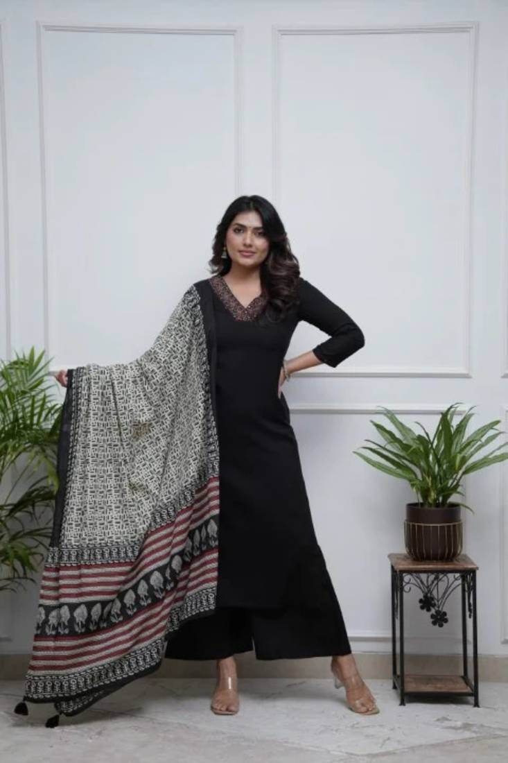 Women's Gorgeous Parmpara Fabric Embroidery Work Straight Kurta Palazzo and Dupatta Set