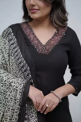 Women's  Parmpara Embroidery Work Straight Kurta Palazzo and Dupatta Set
