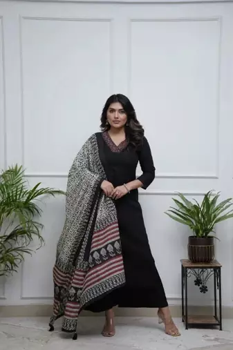 Women's  Parmpara Embroidery Work Straight Kurta Palazzo and Dupatta Set