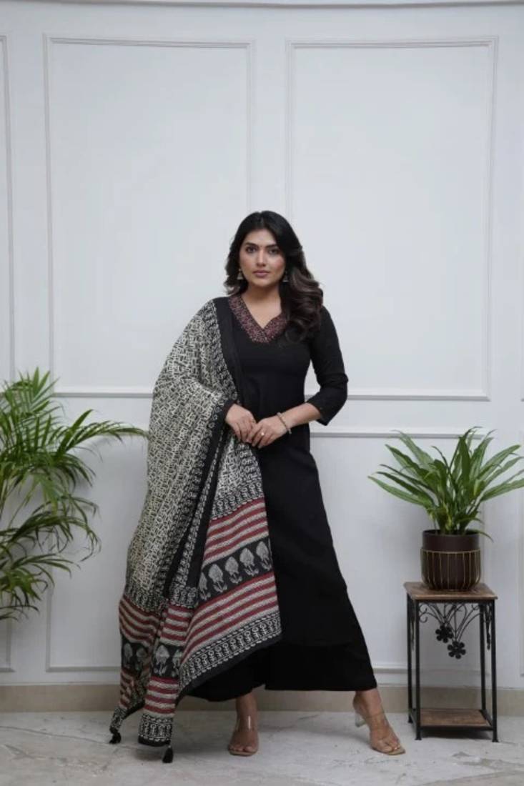 Women's Gorgeous Parmpara Fabric Embroidery Work Straight Kurta Palazzo and Dupatta Set