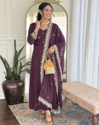 Women's  Vichitra Silk Embroidery Work Flared Anarkali Pant and Dupatta Set 1