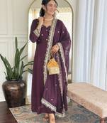 Women's  Vichitra Silk Embroidery Work Flared Anarkali Pant and Dupatta Set