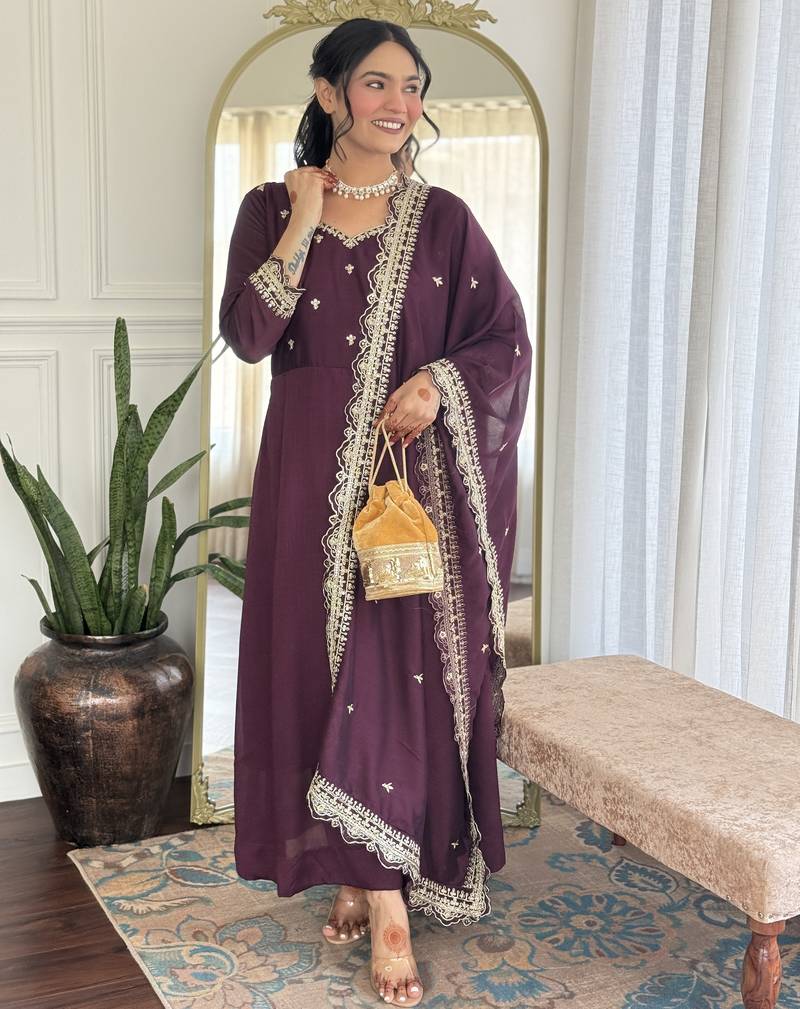 Women's Gorgeous Vichitra Silk Fabric Embroidery Work Flared Anarkali Pant and Dupatta Set