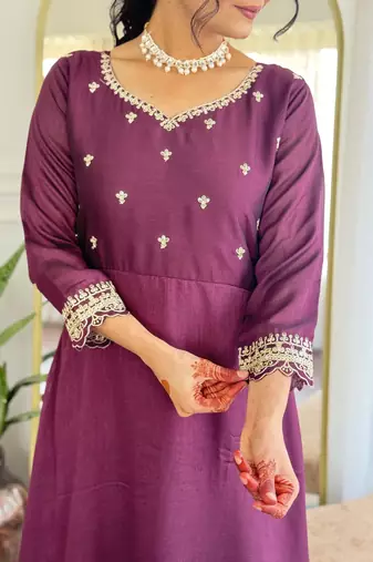 Women's  Vichitra Silk Embroidery Work Flared Anarkali Pant and Dupatta Set