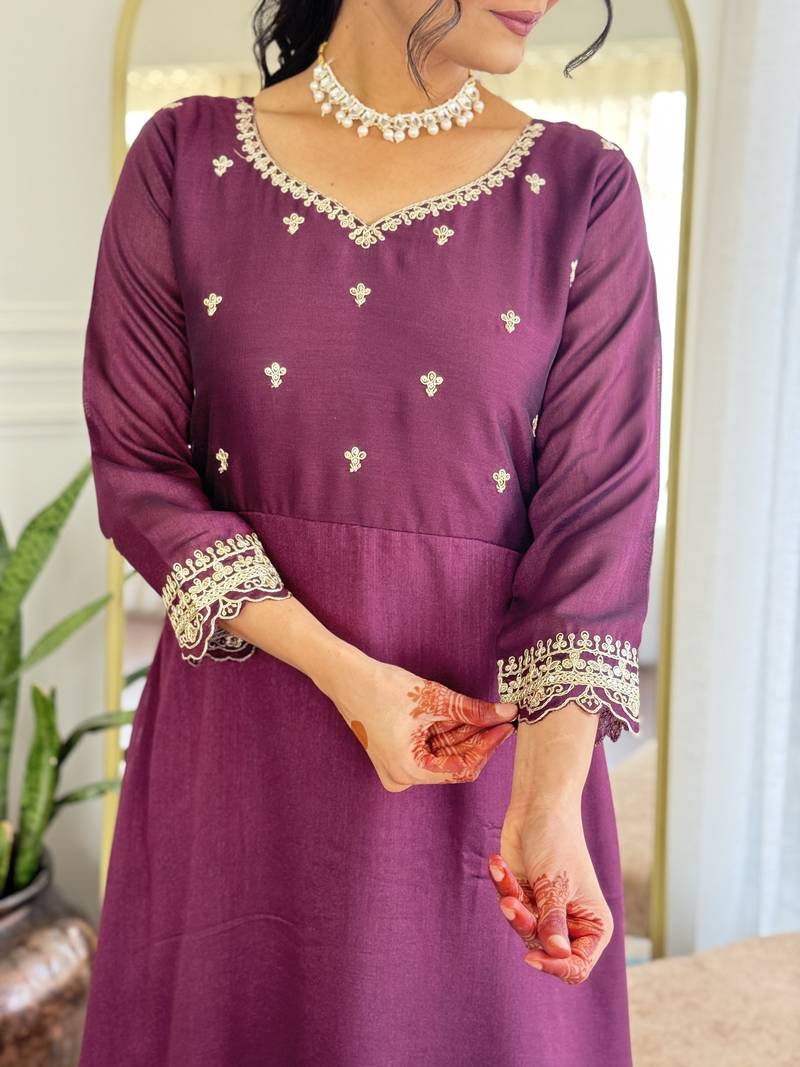 Women's Gorgeous Vichitra Silk Fabric Embroidery Work Flared Anarkali Pant and Dupatta Set