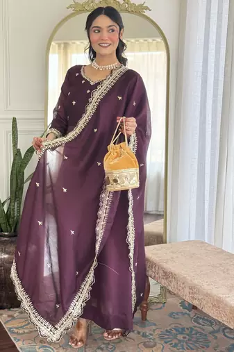 Women's  Vichitra Silk Embroidery Work Flared Anarkali Pant and Dupatta Set