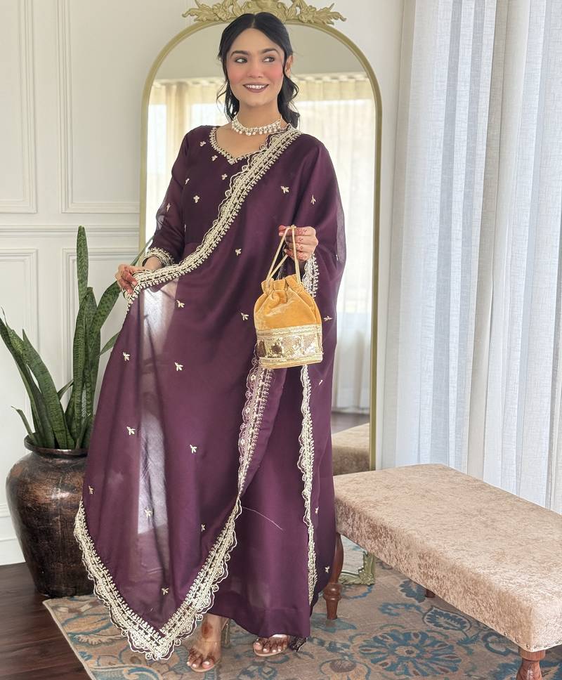 Women's Gorgeous Vichitra Silk Fabric Embroidery Work Flared Anarkali Pant and Dupatta Set