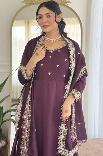 Women's  Vichitra Silk Embroidery Work Flared Anarkali Pant and Dupatta Set