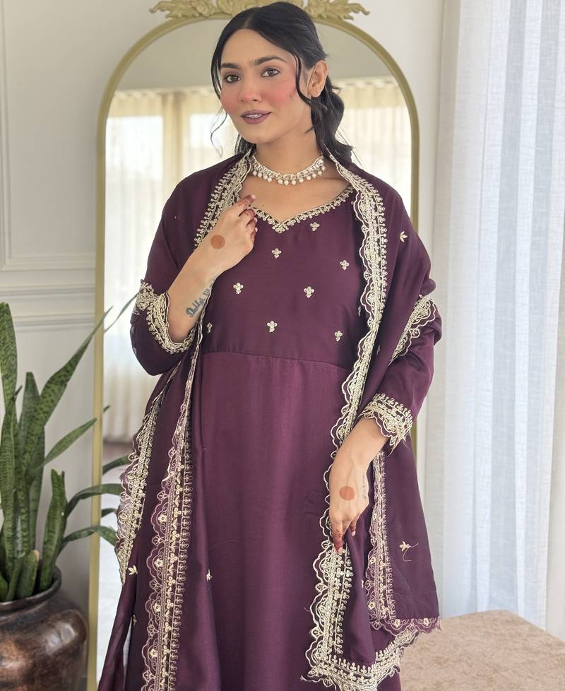 Women's Gorgeous Vichitra Silk Fabric Embroidery Work Flared Anarkali Pant and Dupatta Set