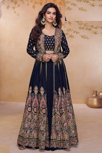 Navy Blue heavy simmer silk top bottom and dupatta set - full stitched free size