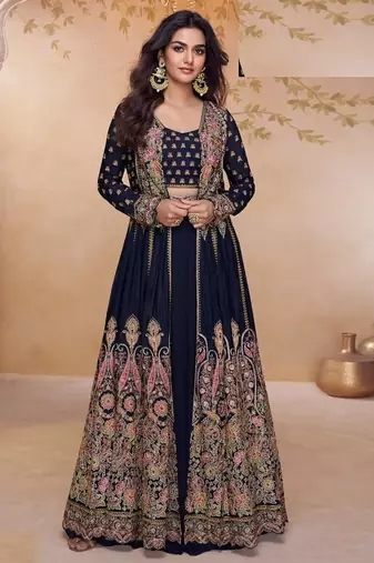 Navy Blue heavy simmer silk top bottom and dupatta set - full stitched free size