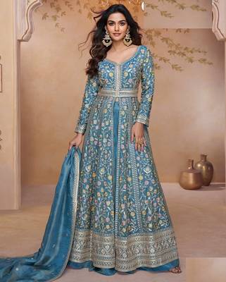 Sky blue heavy simmer silk Anarkali and dupatta set-Full Stitched Free size 1