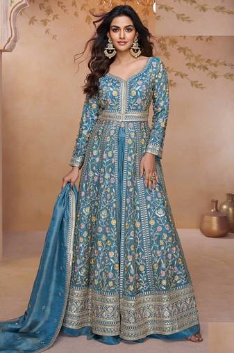 Blue heavy simmer silk top bottom and dupatta set - full stitched free size