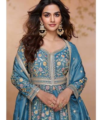 Sky blue heavy simmer silk Anarkali and dupatta set-Full Stitched Free size 2