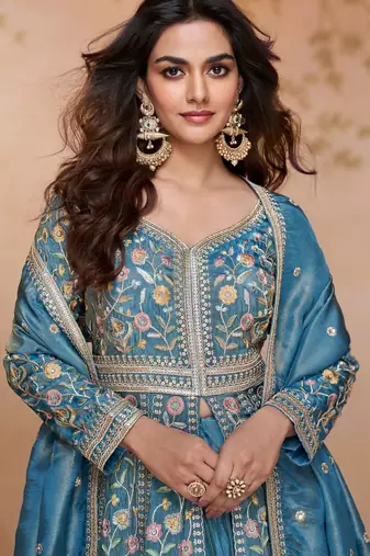 Sky blue heavy simmer silk Anarkali and dupatta set-Full Stitched Free size