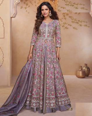 light purple heavy simmer silk Anarkali and dupatta set-Full Stitched Free size 1