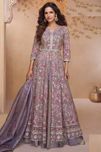 Light purple heavy simmer silk top bottom and dupatta set - Full stitched free size