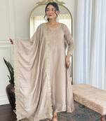 Women's  Vichitra Silk Embroidery Work Flared Anarkali Pant and Dupatta Set