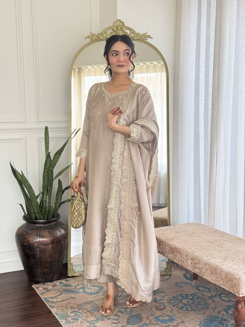 Women's Gorgeous Vichitra Silk Fabric Embroidery Work Flared Anarkali Pant and Dupatta Set