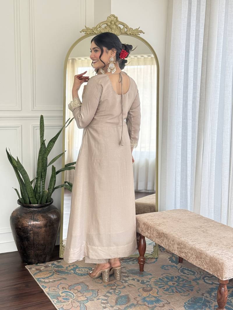 Women's Gorgeous Vichitra Silk Fabric Embroidery Work Flared Anarkali Pant and Dupatta Set