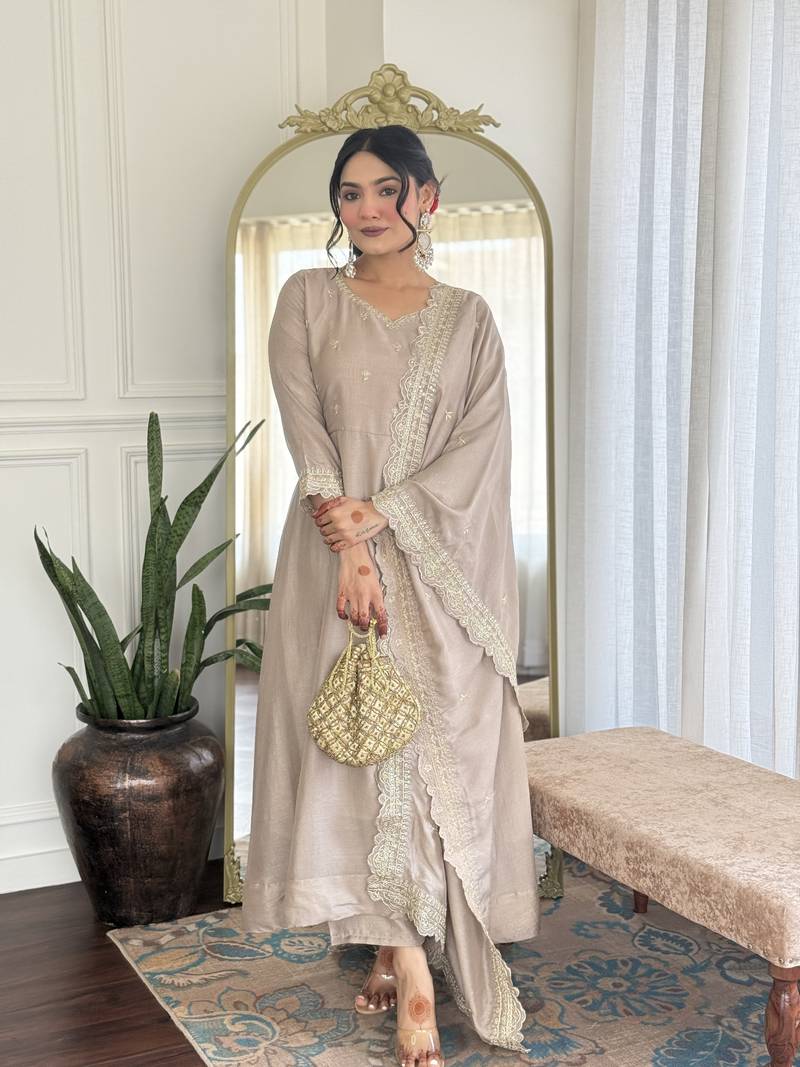 Women's Gorgeous Vichitra Silk Fabric Embroidery Work Flared Anarkali Pant and Dupatta Set