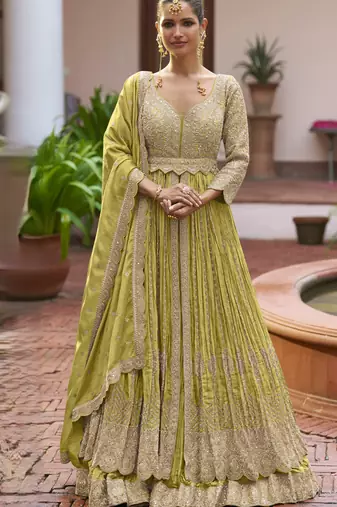 Parrot green chinon silk embroidered & handwork lehenga style suit