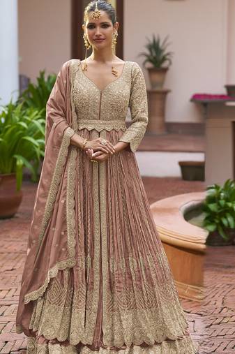 Peach chinon silk embroidered & handwork lehenga style suit