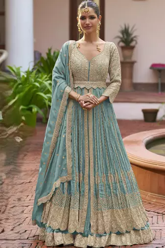 Sky blue chinon silk embroidered & handwork lehenga style suit