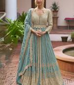 Sky blue chinon silk embroidered & handwork lehenga style suit