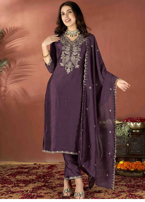 Women's  Vichitra Embroidery Work Straight Kurta Pant and Dupatta Set 1