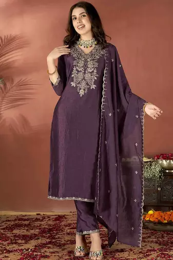 Women's Gorgeous Vichitra Fabric Embroidery Work Straight Kurta Pant and Dupatta Set