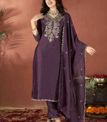 Women's  Vichitra Embroidery Work Straight Kurta Pant and Dupatta Set