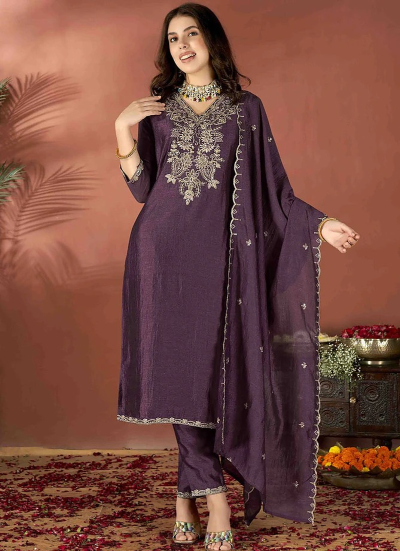 Women's Gorgeous Vichitra Fabric Embroidery Work Straight Kurta Pant and Dupatta Set