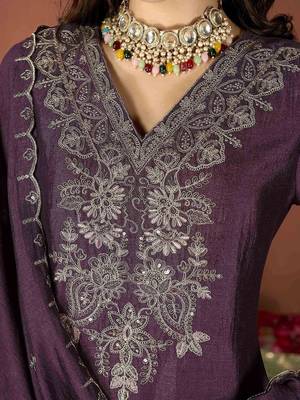 Women's  Vichitra Embroidery Work Straight Kurta Pant and Dupatta Set 2