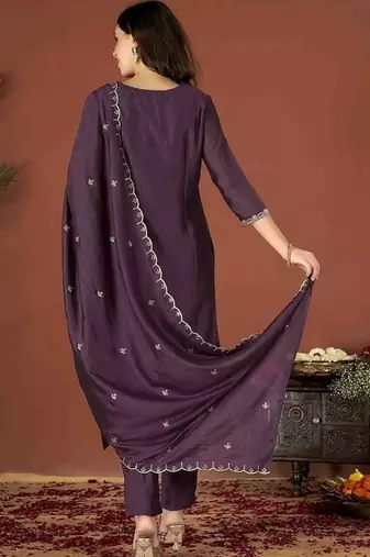 Women's  Vichitra Embroidery Work Straight Kurta Pant and Dupatta Set