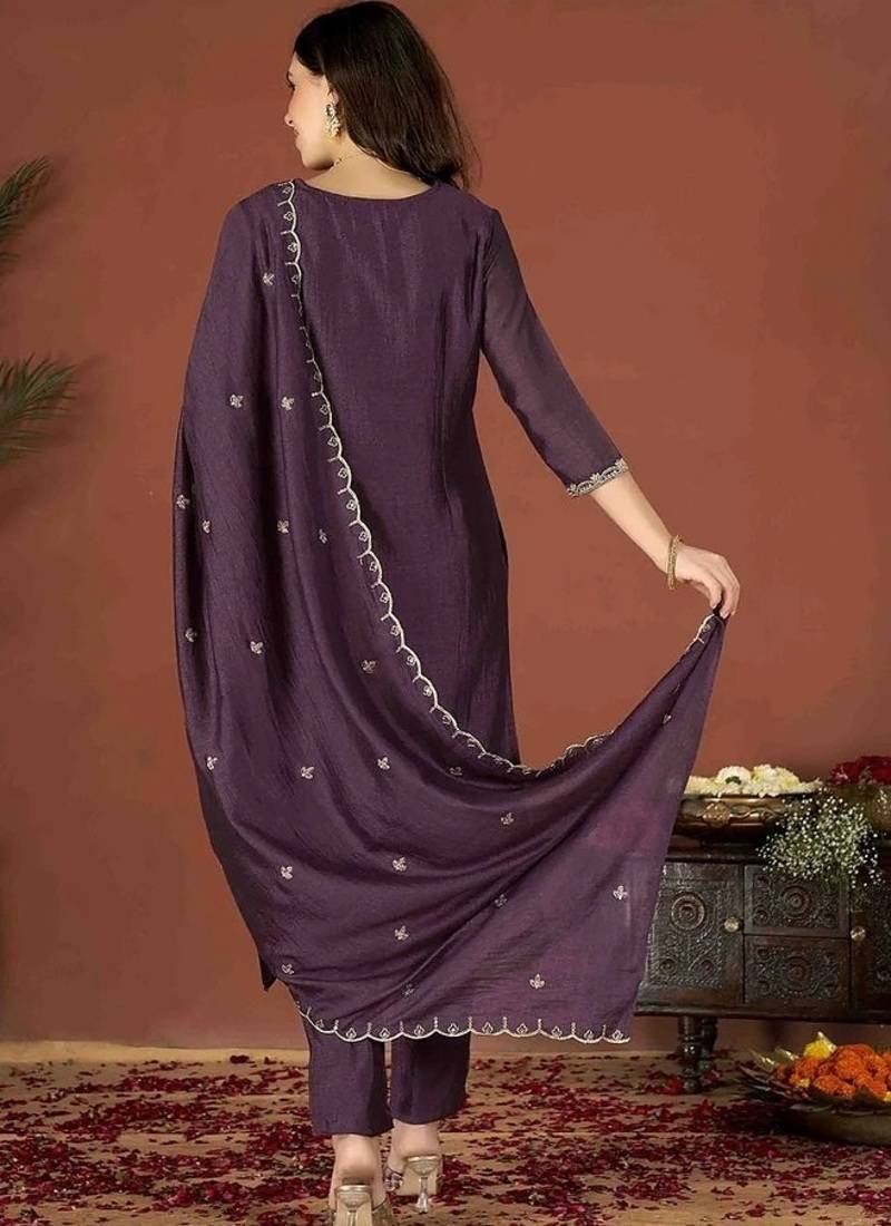 Women's Gorgeous Vichitra Fabric Embroidery Work Straight Kurta Pant and Dupatta Set