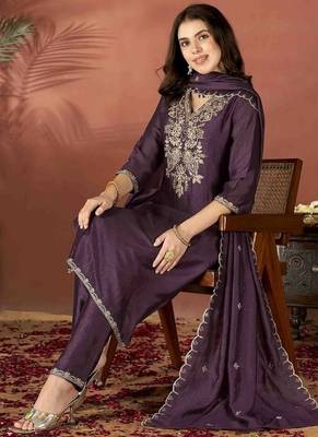 Women's  Vichitra Embroidery Work Straight Kurta Pant and Dupatta Set 5