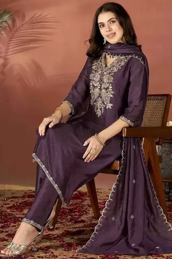 Women's  Vichitra Embroidery Work Straight Kurta Pant and Dupatta Set