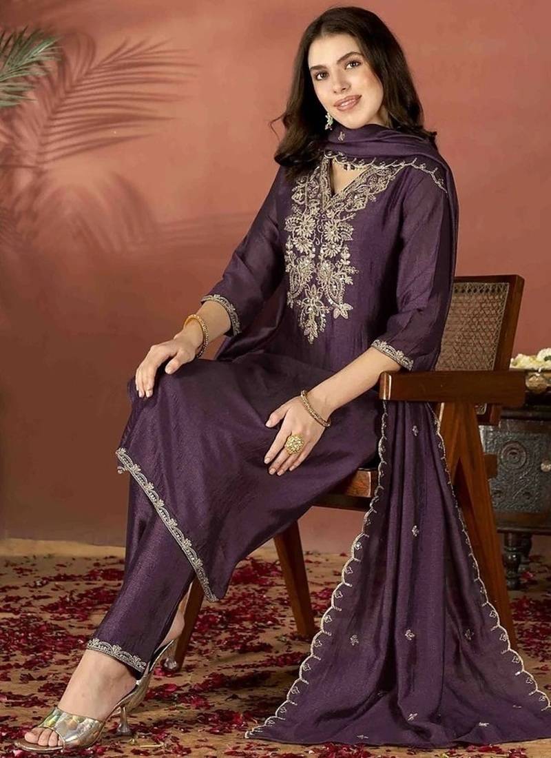 Women's Gorgeous Vichitra Fabric Embroidery Work Straight Kurta Pant and Dupatta Set