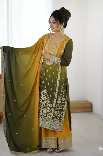 Premium Chinon Silk Green-Yellow Ombre Sharara Suit with Dupatta*