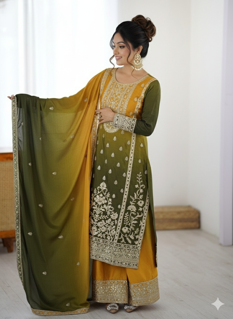 Premium Chinon Silk Green-Yellow Ombre Sharara Suit with Dupatta*
