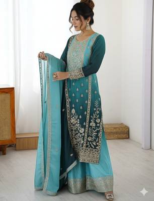 Premium Chinon Silk Sky-teal blue Ombre Sharara Suit with Dupatta* 1