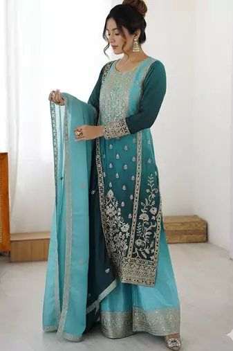 Premium Chinon Silk Sky-teal blue Ombre Sharara Suit with Dupatta*