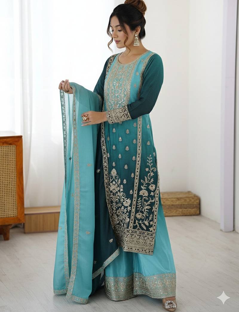 Premium Chinon Silk Sky-teal blue Ombre Sharara Suit with Dupatta*