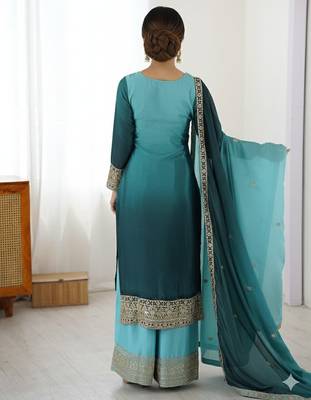 Premium Chinon Silk Sky-teal blue Ombre Sharara Suit with Dupatta* 2