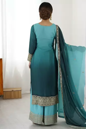 Premium Chinon Silk Sky-teal blue Ombre Sharara Suit with Dupatta*
