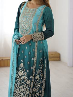 Premium Chinon Silk Sky-teal blue Ombre Sharara Suit with Dupatta* 3
