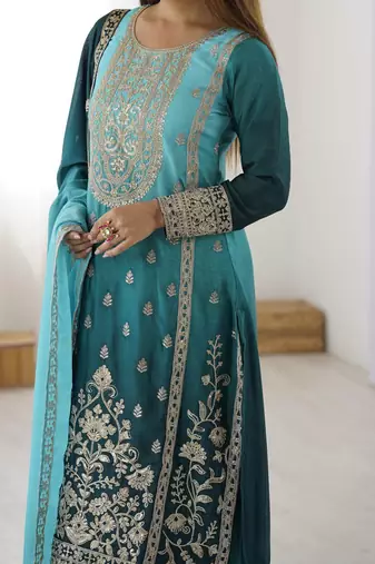 Premium Chinon Silk Sky-teal blue Ombre Sharara Suit with Dupatta*