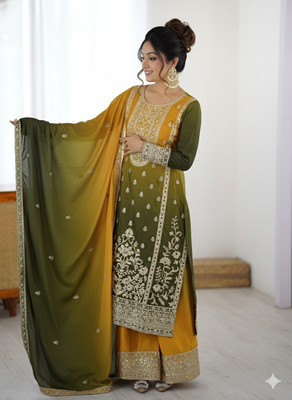 Chinon Silk Green-Yellow Ombre Sharara Suit with Dupatta 1